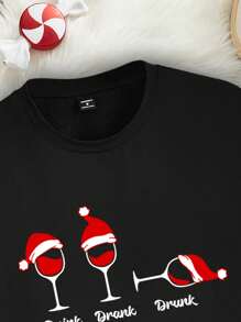 Manfinity Homme Men's Casual Christmas Santa Hat & Wine Glass Pattern Black Raglan T-Shirt ( Material), Couple Set