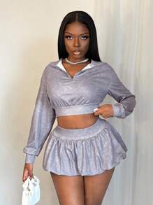 BamGleam 女士 2 件套短款上衣和迷你裙，休闲日常装，秋季 - 灰色 - 查看 1