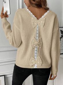 SHEIN LUNE Áo len dệt kim dài tay cổ chữ V thêu ren nơ thời trang thu đông - Màu be - Xem 2