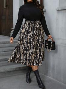 SHEIN LUNE 大码女式秋冬立领拼布格子下摆长袖优雅办公室连衣裙冬季连衣裙感恩节服装节日服装节日派对连衣裙加大连衣裙