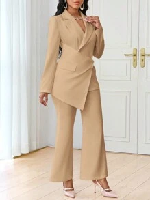 SHEIN Lady 秋冬春夏复古演唱会/音乐节端庄工作办公室休闲优雅鸡尾酒会情人节“白色编织翻领直筒不对称裹身单件袖新品合身长袖女套装 - 駝色 - 查看 4