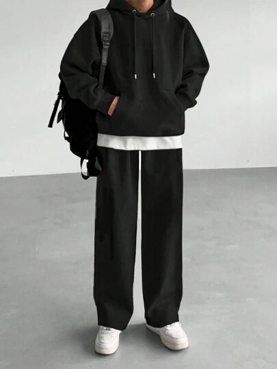 DAZY Men's Solid Color Long Sleeve Pocket Casual Top And Pants Set, Autumn Hoodie