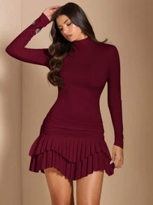 SHEIN BAE Vestido mini de manga larga, doble capa y fruncido en color bliso sólido, adecuado para graduación, baile, fiesta de cócteles, cita romántica, uso en capas, fiesta, evento formal, Halloween, Navidad - Burdeos - Ver 5