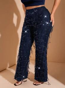 SHEIN BAE Pantalones acampanados de mujer talla grande de color negro sólido con cuentas y flecos elegantes para fiestas y Halloween, atuendos para graduación, regreso a la escuela y maestras - Azul Marino - Ver 10