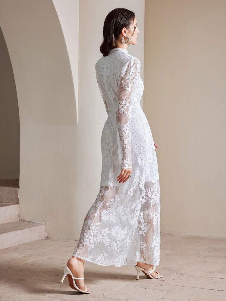 Women's White Crystal Embellished Puff Sleeve High Neck Ruched Lace Evening Party Dress For Holiday Party Clothes Maxi Women Outfit