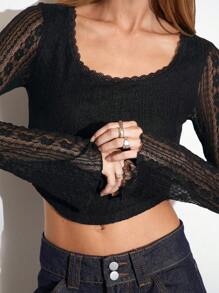 SHEIN Unity 性感黑色蕾丝圆领女式上衣 T 恤 - 黑色 - 查看 5