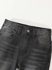 SHEIN Explorewe TWEEN BOY All-Match Casual Modern Streetwear Ripped Distressed Cat Whisker Elastic Waist Five Pocket Skinny Jeans, Versatile Denim Item Essential All Year Round - Black - View 3