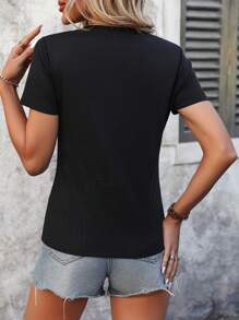 SHEIN LUNE 女士圆领纽扣条纹拼色简约 T 恤图案 T 恤女式上衣 - 粉色 - 查看 2