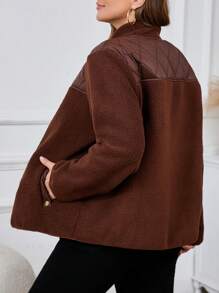 SHEIN LUNE 大码女式秋冬蓬松拉链领宽松长袖夹克 - 棕色 - 查看 2