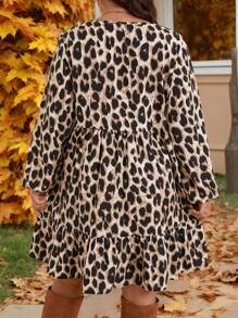 EMERY ROSE 大码豹纹灯笼袖休闲连衣裙，秋季感恩节装扮节日装扮节日派对连衣裙 - 彩色 - 查看 2