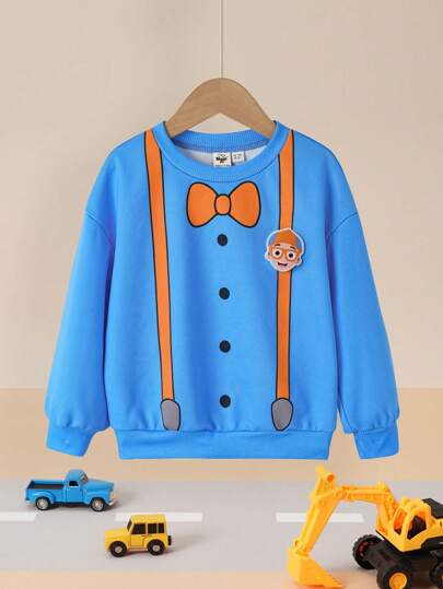 Blippi X SHEIN Young Boy Cartoon Face Patched Round Neck Drop Shoulder Casual Sweatshirt For Autumn/Winter