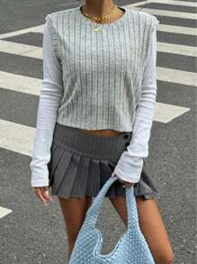 SHEIN Essnce Women's Wide Strap Casual Fluffy Ribbed Crop Camisole Tank Top, Women's Clothing - Apricot - View 6