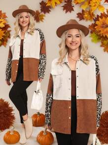 SHEIN LUNE Manteau décontracté en patchwork léopard grande taille pour l'automne et l'hiver, thermique pour les vacances - Multicolore - Voir 1