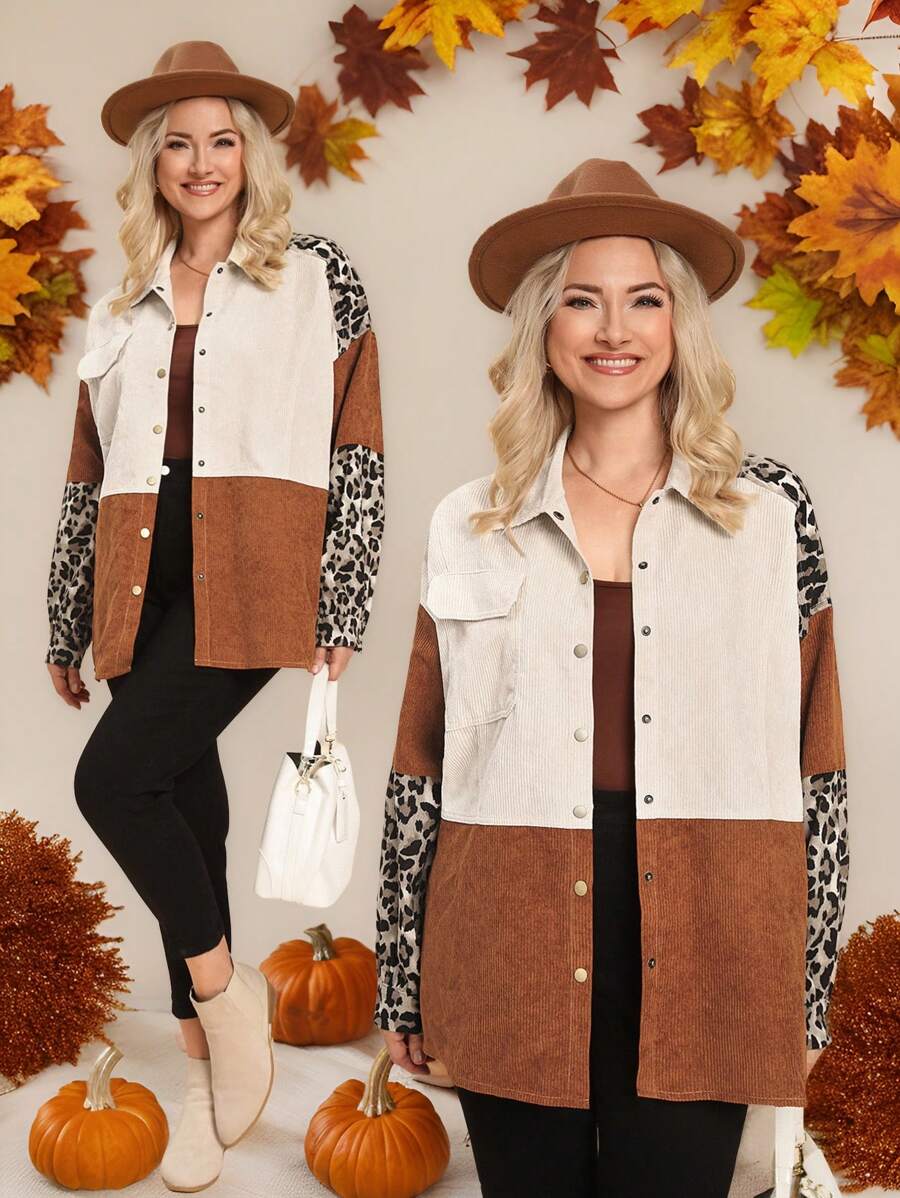 SHEIN LUNE Manteau décontracté en patchwork léopard grande taille pour l'automne et l'hiver, thermique pour les vacances - Multicolore - Voir 1