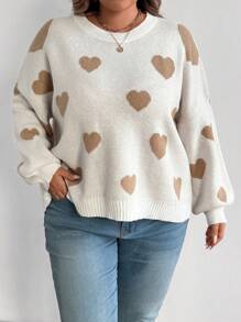 SHEIN CURVE+ Plus Autumn/Winter Ombre Heart Pattern Oversized Pullover Sweater, Young & Casual Knit Pullover Fall - Camel - View 6