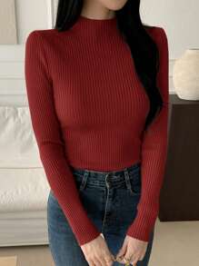 DAZY 女士纯色长袖立领休闲新款修身套头衫，适合秋季女装 - 紅色 - 查看 3