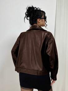 Vibekara Plus Size Open Front Zipper Solid Color PU Leather Lapel Long Sleeve Jacket, For Winter Fall Cloth For Women Autumn - Coffee Brown - View 2