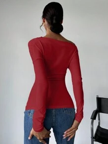 Firerie Women's Solid Color Asymmetrical Collar Wrap T-Shirt - Red - View 2