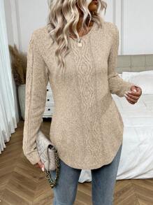 SHEIN LUNE Áo len nữ trơn màu viền cong, áo chui đầu dệt kim thu/đông - Màu be - Xem 6