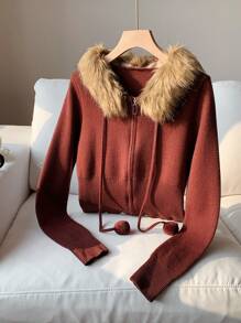 Comfortcana 女士蓬松拼接长袖拉链修身开衫，秋冬款