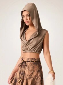 Glamine Women Short Casual Solid Color Knit Hooded Tank Top - Camel - View 5