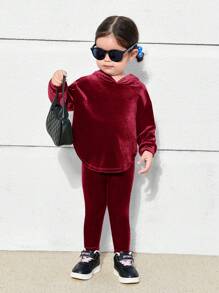 SHEIN 2 件套女宝宝毛绒户外时尚连帽套装 - 酒紅色 - 查看 14