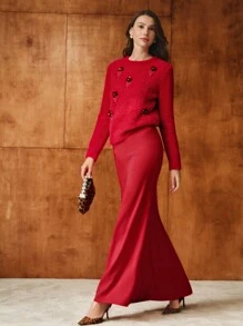 MOTF PREMIUM 亮片花卉拼贴蓬松针织毛衣