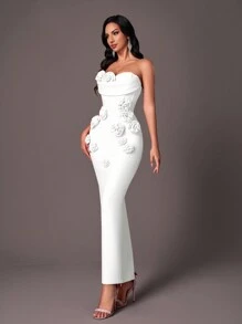 Glamrae Elegante vestido de noche de cóctel con diseño de flor 3D, cuello de volantes sin tirantes y escote de tipo ballena