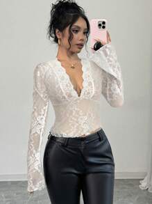 Firerie Women's Black V-Neck Lace Patchwork Flare Sleeve Lace Blouse