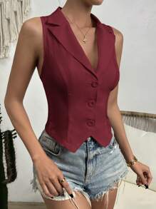 Firerie 女式纯色单排扣休闲背心夹克，秋季 - 酒紅色 - 查看 6