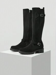 MOTF PREMIUM KNEE-HIGH BOOTS WITH COMFORTABLE BASE, SIMPLE FASHION ALL-MATCH BLACK STRIPE PATCHWORK DESIGN, VERSATILE FOR COMMUTING FOR CHRISTMAS AND NEW YEAR HOLIDAY VIBE FALL AND WINTER - Black - View 4