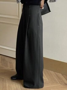 DAZY 纯色宽松阔腿裤带口袋，休闲商务女士西装裤，女士正装裤 - 灰色 - 查看 4