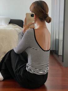 Livesso Striped Slim Fit Long Sleeve T-Shirt For Women , Backless Top,Halter Top,Fall Clothes - Black - View 3