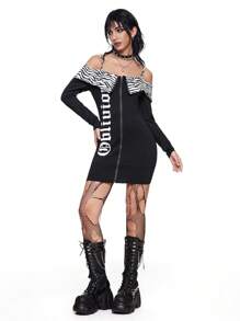 ROMWE Grunge Punk Y2K Style Sexy Cross Slogan Print Off-Shoulder Zebra-Striped Lapel Crop Top Bodycon Mini Dress - Black and White - View 3