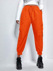 SHEIN EZwear 黑色加盖口袋抽绳工装裤 - 橘色 - 查看 4