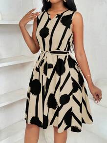 INAWLY 女士优雅几何印花系带迷你连衣裙 - 杏色 - 查看 4