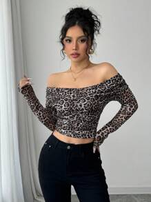 SHEIN Clasi Women's Fashion Sexy Leopard Print Sheer Off Shoulder Ruched Hollow Out Long Sleeve Blouse, Suitable For Spring - Multicolor - View 5