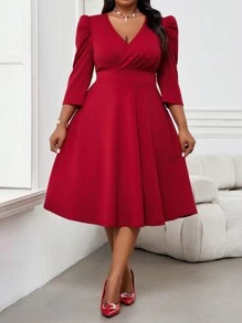 SHEIN Lady Mùa thu và mùa đông thanh lịch tiệc đi làm đám cưới ngày lễ tình nhân tiệc năm mới tiệc cocktail ngày lễ tình nhân hòa nhạc/lễ hội âm nhạc cổ áo đan chồng màu đỏ loe tay áo midi dài tay ba phần tư váy cỡ lớn - Màu Đỏ Sâu - Xem 6