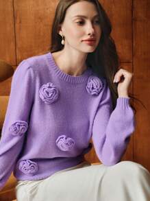 MOTF SUÉTER CON DETALLE DE FLOR SÓLIDO ESTÉREO - Morado - Ver 5