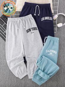 SHEIN Leap Crew 3 条装青少年男孩休闲慢跑裤套装，黑色、深灰色、浅灰色，适合秋季、冬季、保暖、学校、居家、日常、运动、生日派对、郊游、保暖内衬、百搭且设计简约 - 藏蓝色 - 查看 4