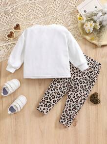 SHEIN Leap Crew 2pcs Baby Girl Heart Graphic Long Sleeve Top And Leopard Print Pants Set, Autumn/Winter - White - View 2