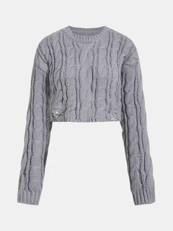 Teenager Mädchen gegravene graue Grunge-Pullover mit Löchern und Twist-Strick-Design, geeignet für Straßen-Lässig und Zusammenkünfte