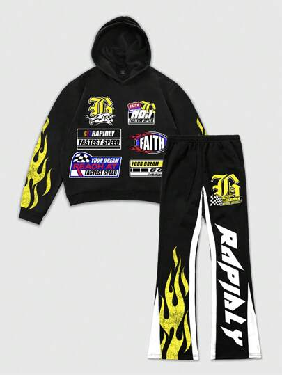 Street Life بدلة رياضية كاجوال للرجال تتكون من هوودي مطبوع عليه حروف وبنطلون رياضي