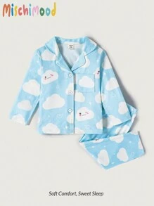 SHEIN Set de 2 piezas de ropa interior para bebé niña con top de manga larga con cuello cárdigan y estampado de nubes, y pantalones casuales - Multicolor - Ver 1