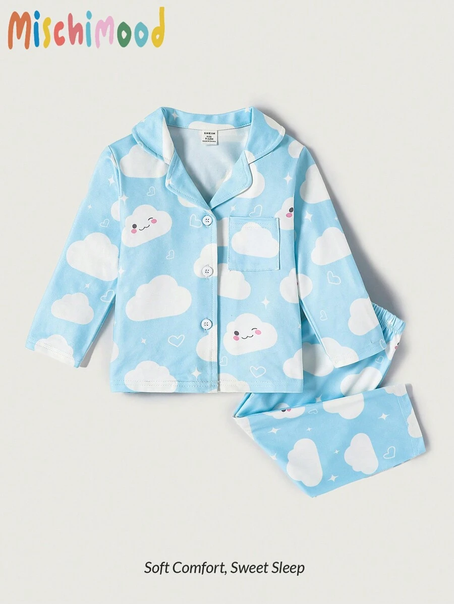 SHEIN Set de 2 piezas de ropa interior para bebé niña con top de manga larga con cuello cárdigan y estampado de nubes, y pantalones casuales - Multicolor - Ver 1