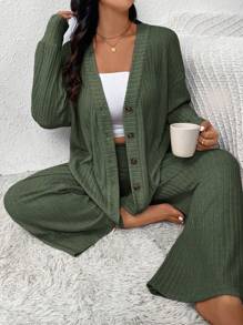 SHEIN Frenchy 2pcs Green Knitted Plus Size Set, Jacket + Pants, Casual & Comfortable, Autumn/Winter - Dark Green - View 1
