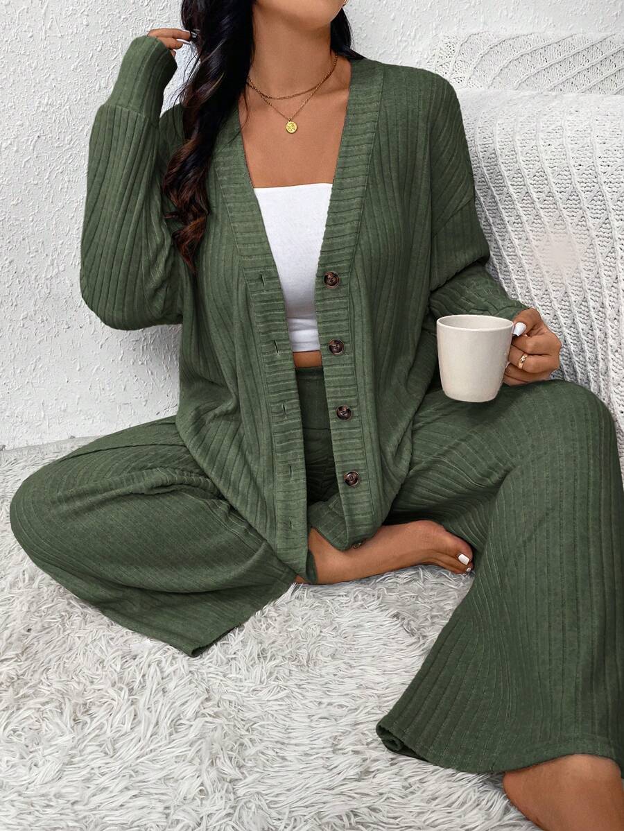 SHEIN Frenchy 2pcs Green Knitted Plus Size Set, Jacket + Pants, Casual & Comfortable, Autumn/Winter - Dark Green - View 1