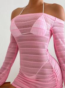 SHEIN Swim Women's Casual Semi-Transparent Cover Up With Tie Summer - Pink - View 3