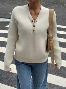 SHEIN Essnce Winter Sweater Beige Sweater Knitted Women Sweater Thanksgiving Sweater Women's Solid Color Button Half Placket V-Neck Long Sleeve Fleece Sweater, Autumn/Winter