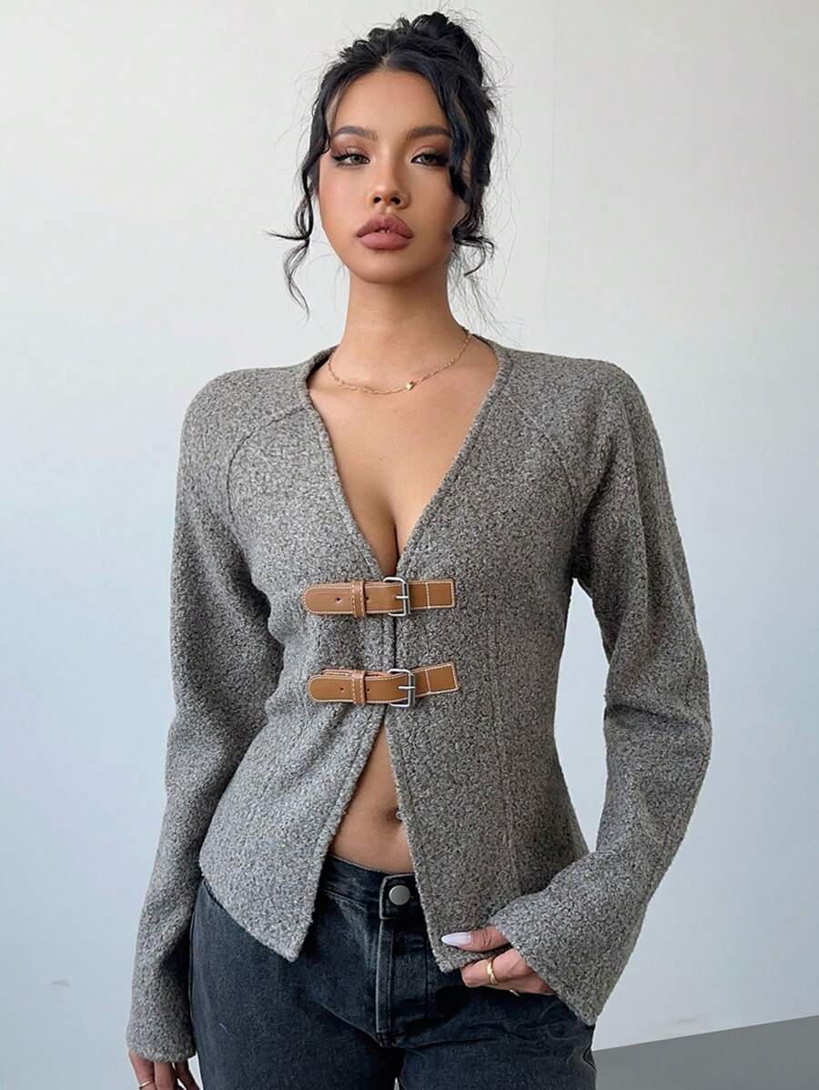 Women's Autumn/Winter Belted Open Front Raglan Coat - Brown - View 1